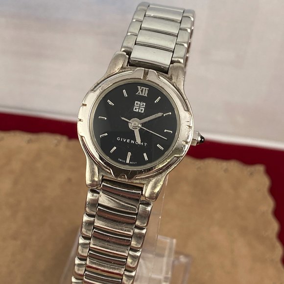 Vintage Givenchy Paris Watch Stainless Steel Black Face with Roman Numerals - Picture 2 of 10